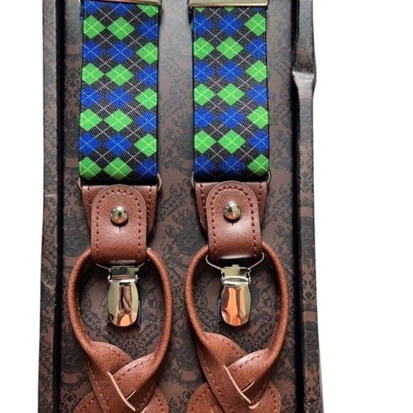 English Laundry Suspenders Plaid Blue Green Royal Tartan Adjustable New In Box - Picture 4 of 6